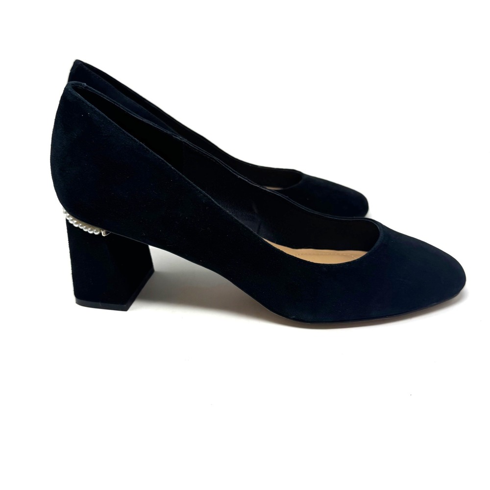 Pearl Trim Block Heel Pump Black Faux Suede Chico's Alessia Shoes Size 10M Women